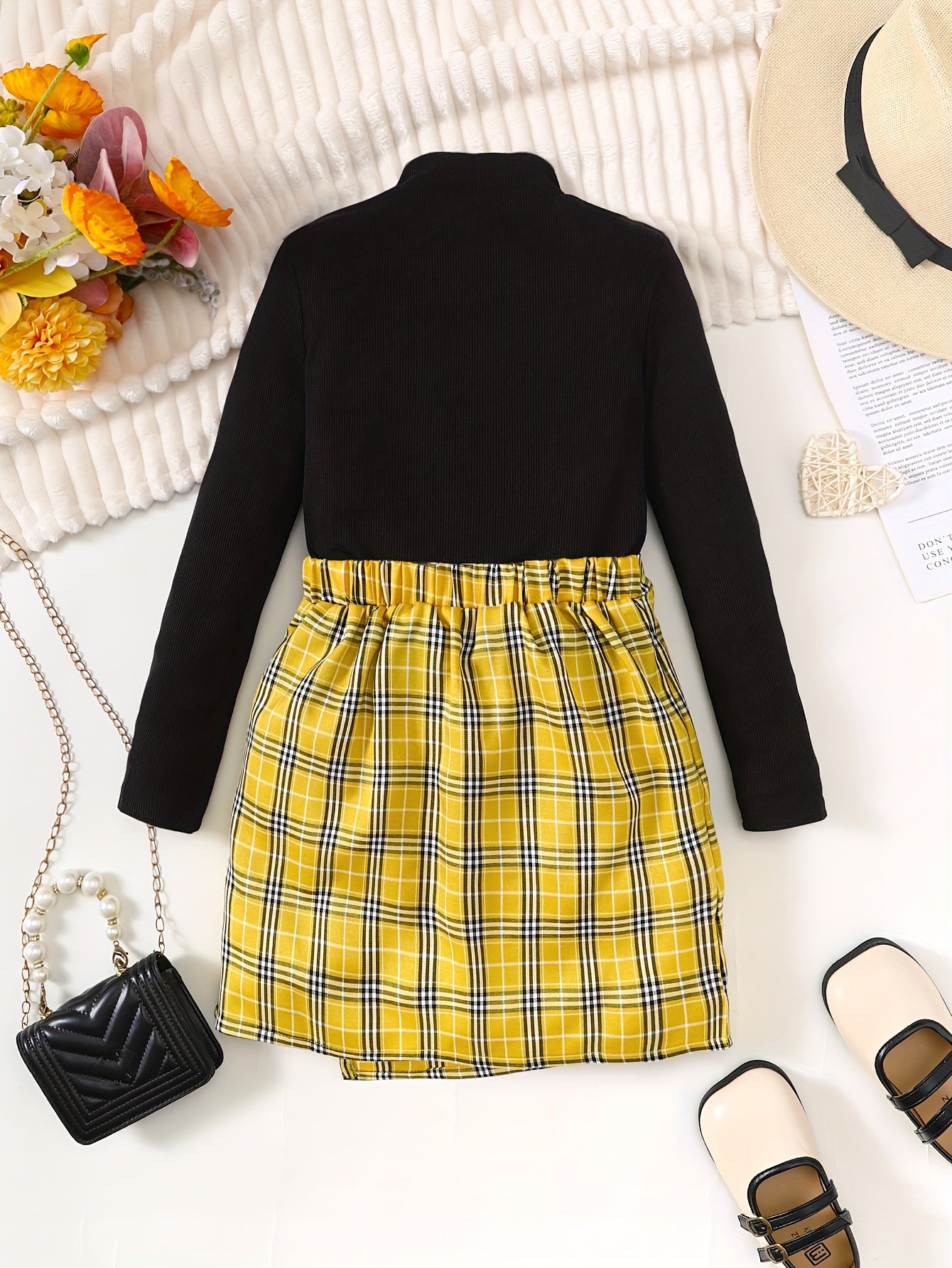 Girl's Stylish Outfit 2pcs Ribbed Mock Neck Top & Plaid Pattern Skirt Set