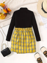 Girl's Stylish Outfit 2pcs Ribbed Mock Neck Top & Plaid Pattern Skirt Set