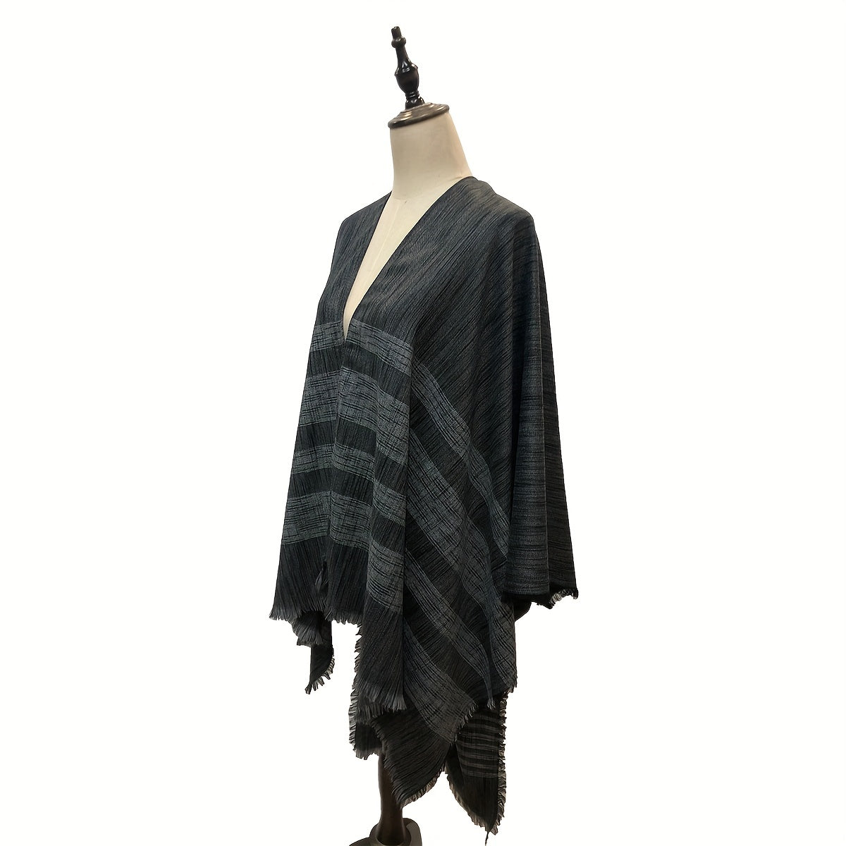 Vintage Gray Stripe Frayed Edge Scarf Windproof Cape Cardigan