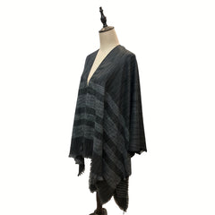 Vintage Gray Stripe Frayed Edge Scarf Windproof Cape Cardigan