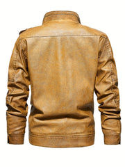 Men's Stand Collar PU Leather Jacket Retro Windproof Warm Jacket