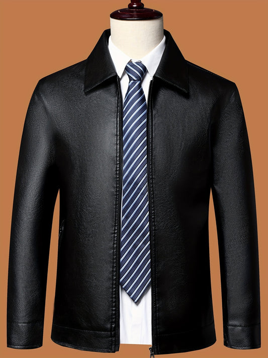 Men's Classic PU Zip Up Faux Leather Jacket for Spring Fall