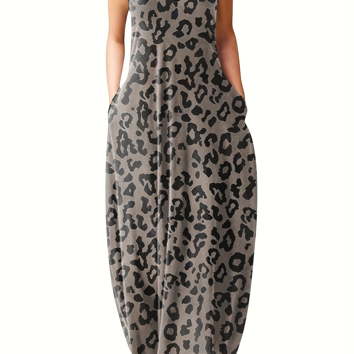  Leopard Print Maxi Cami Dress With Pockets