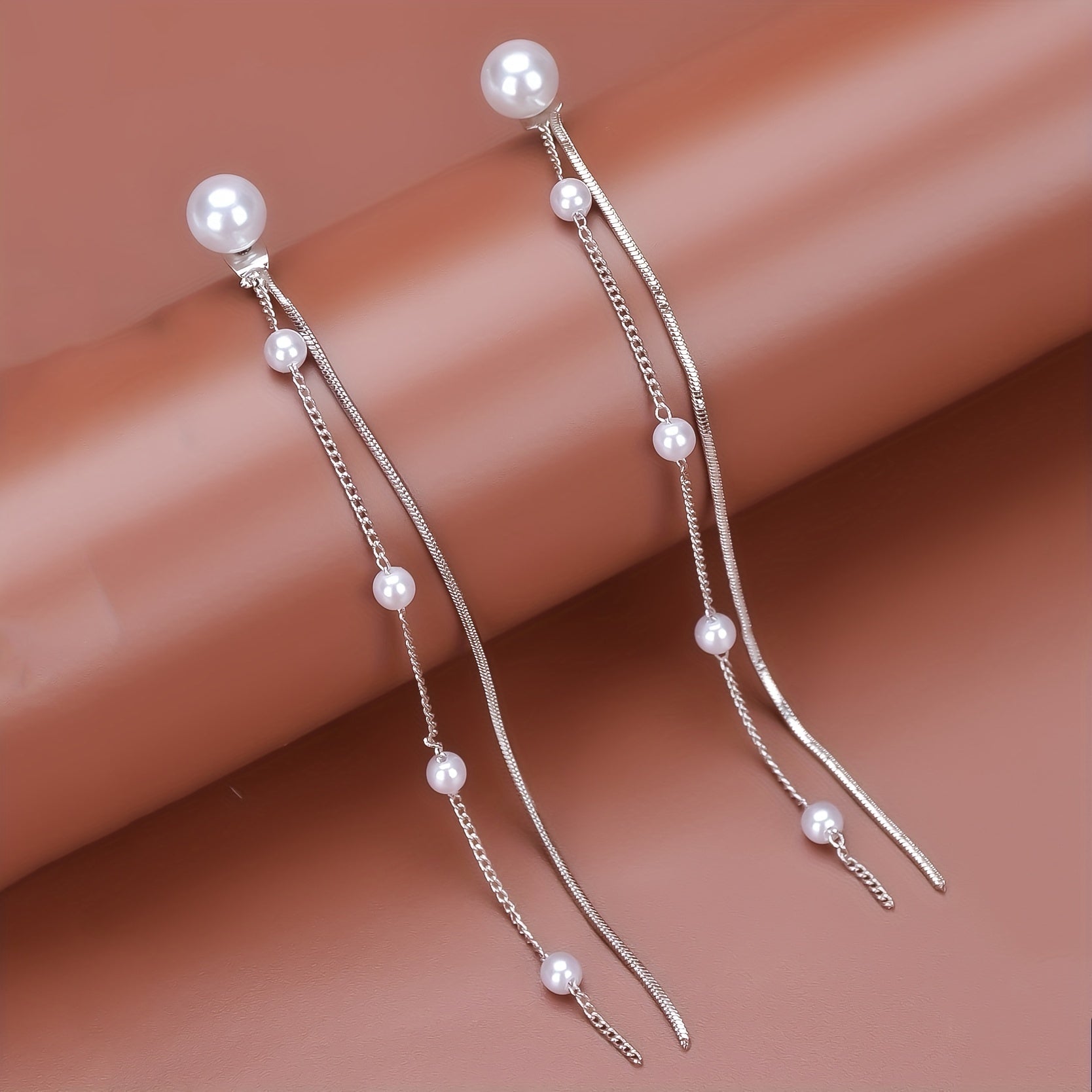 Long Dangle Earrings with Faux Pearl Decor