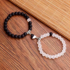 Crackle Beaded Bracelet Set Magnetic Heart Pendant Matte Beaded Couples Bracelet