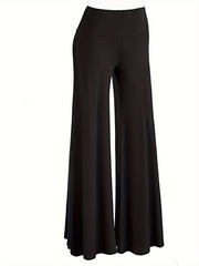  Solid Wide Band Waist High Rise Wide Leg Pants