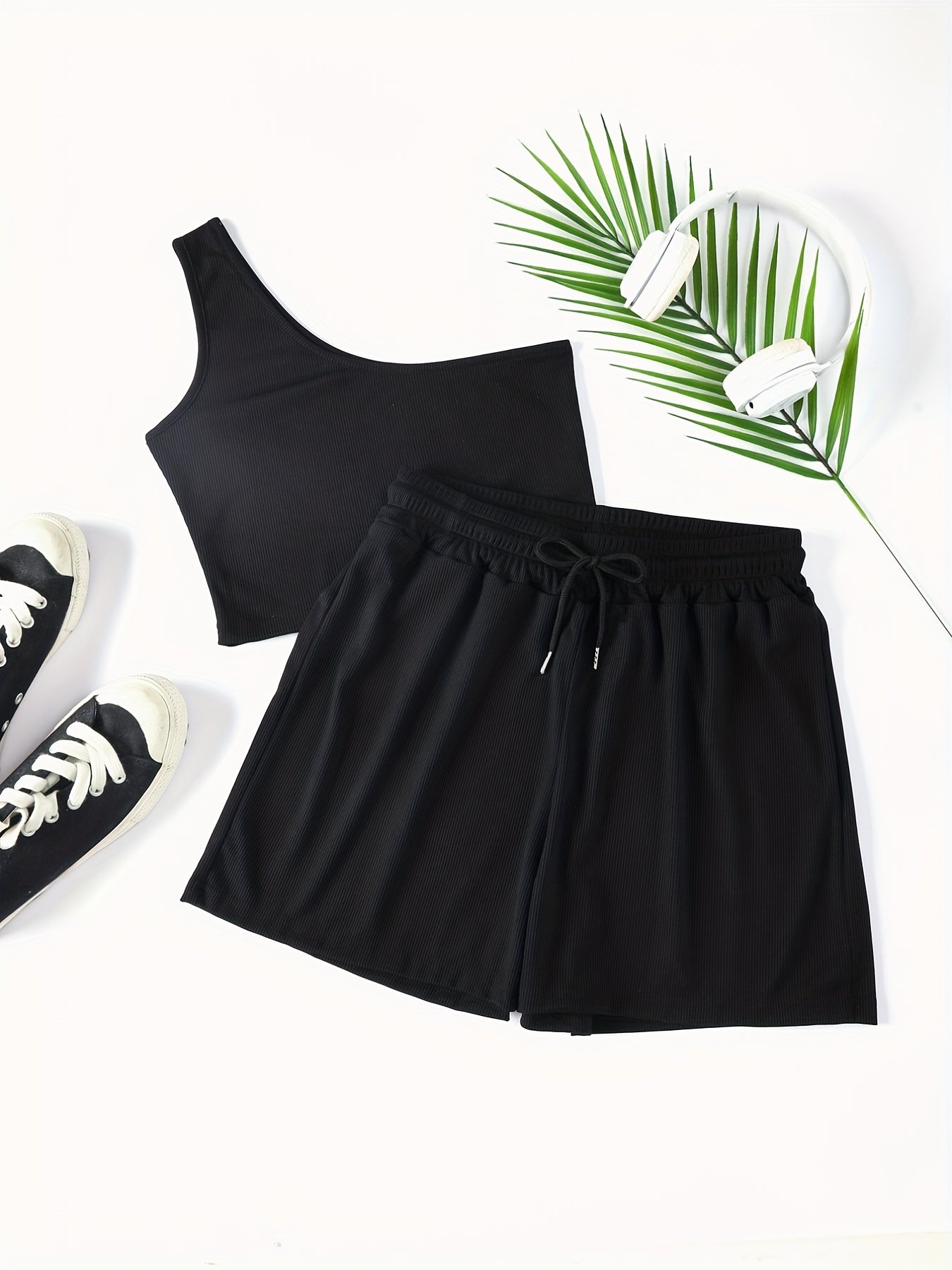 Solid Casual Two piece Set One Shoulder Crop Top & Drawstring Shorts