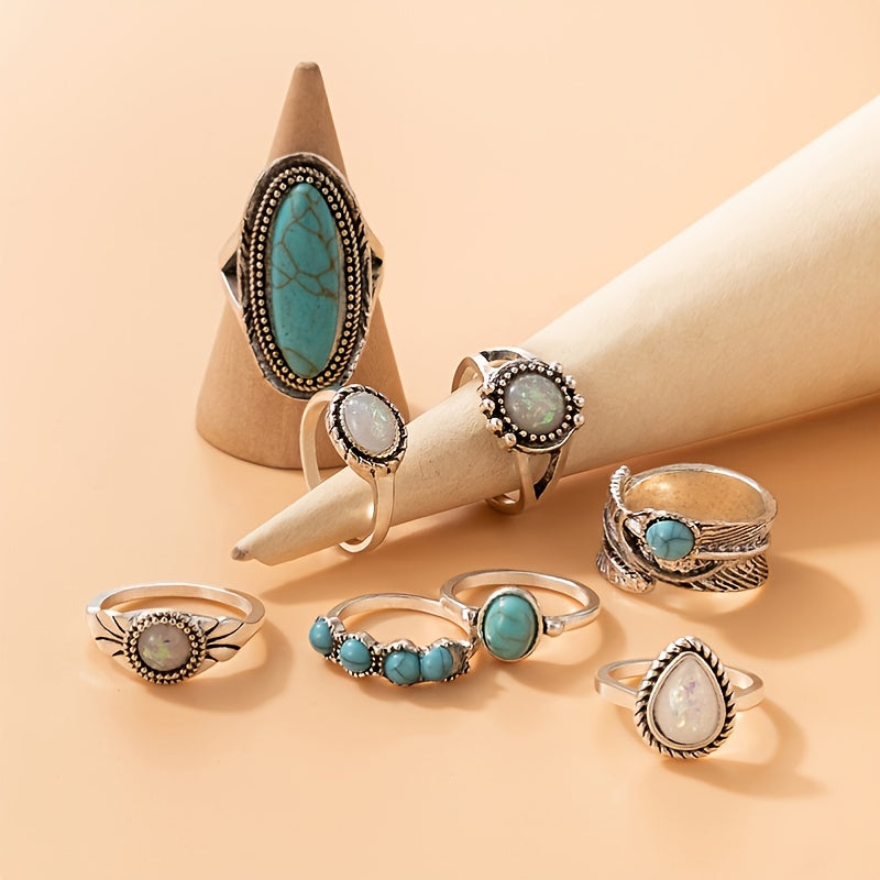 Vintage Turquoise Feather Ring Set 8pcs