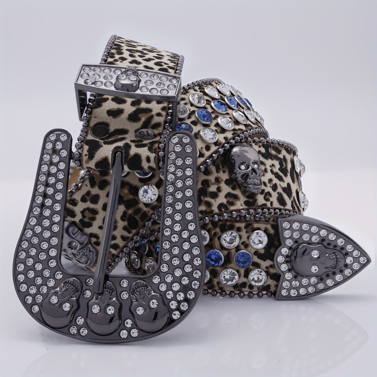 Leopard Skull Belt with Rhinestone Buckle Wide Waist Belt