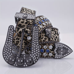 Leopard Skull Belt with Rhinestone Buckle Wide Waist Belt