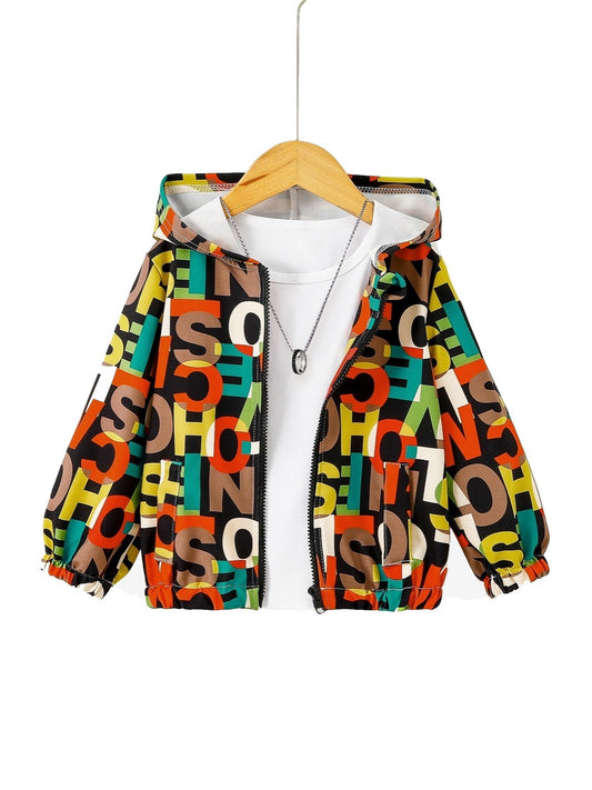 Boys Letter Hooded Long Sleeves Zip Jacket