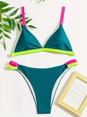 V Neck Backless Bikini Set Contrast Trim High Stretch Swimsuit Women