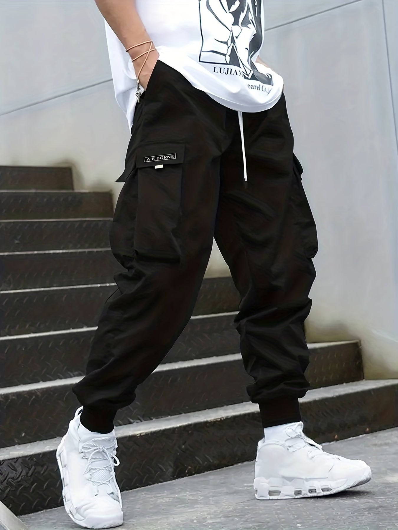 Men's Drawstring Cargo Pants Casual Outdoor Baggy Trousers