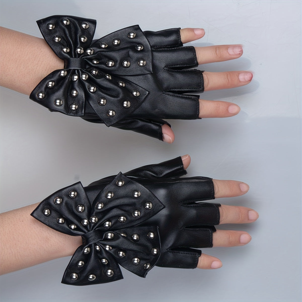 Rivet Bow PU Leather Gloves Punk Dance Performance Half Finger Gloves