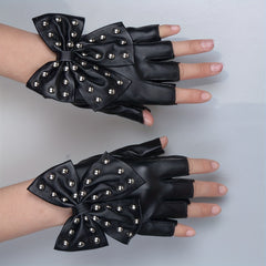 Rivet Bow PU Leather Gloves Punk Dance Performance Half Finger Gloves
