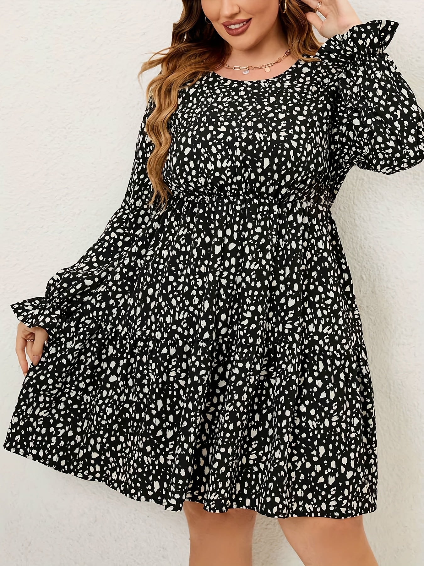 Plus Size Boho Dress Allover Print Flounce Sleeve Smock Dress