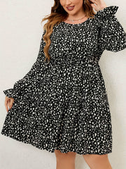 Plus Size Boho Dress Allover Print Flounce Sleeve Smock Dress