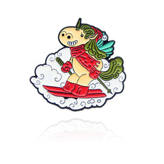 Winter Ski Sled Unicorn Red Scarf Horse Cartoon Brooch