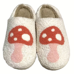 Mushroom Pattern Plush Indoor Slippers Warm Slip On Flat Shoes