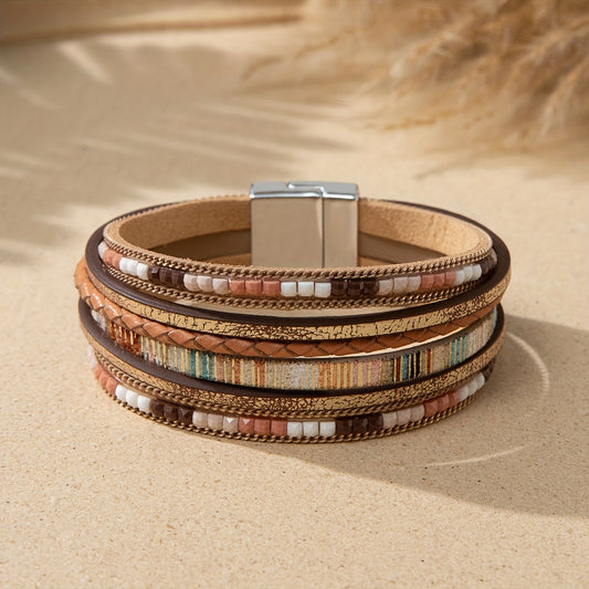 Colorful Boho PU Leather Wrap Bracelet Magnetic Buckle