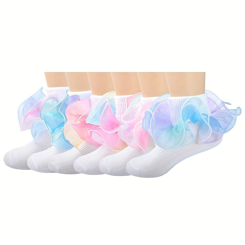 3 Pairs Baby Girls Rainbow Lace Ruffled Socks Breathable Comfy Socks