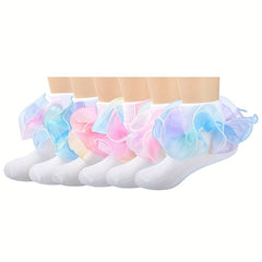 3 Pairs Baby Girls Rainbow Lace Ruffled Socks Breathable Comfy Socks