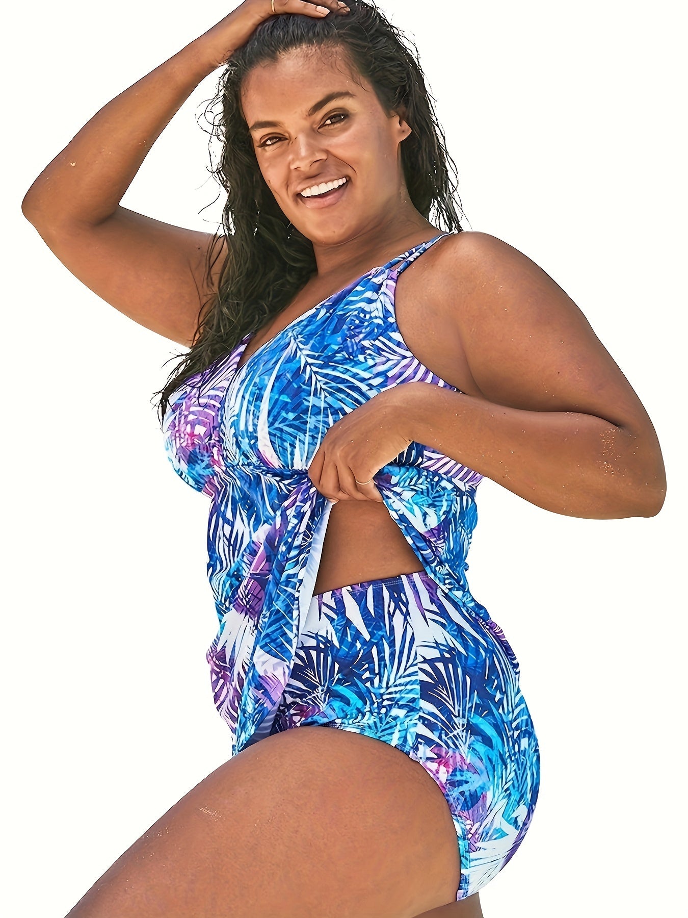  Tropical Print V Neck Tankini Set