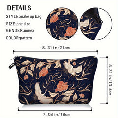 Chinese Peony Crane Print Makeup Pouch Retro Cosmetic Travel Bag