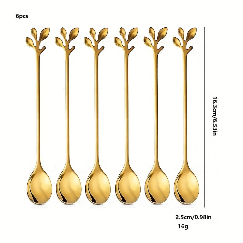 6-Piece Stainless Steel Cutlery Set - Milk Spoon, Salad Fork, Leaf Shaped