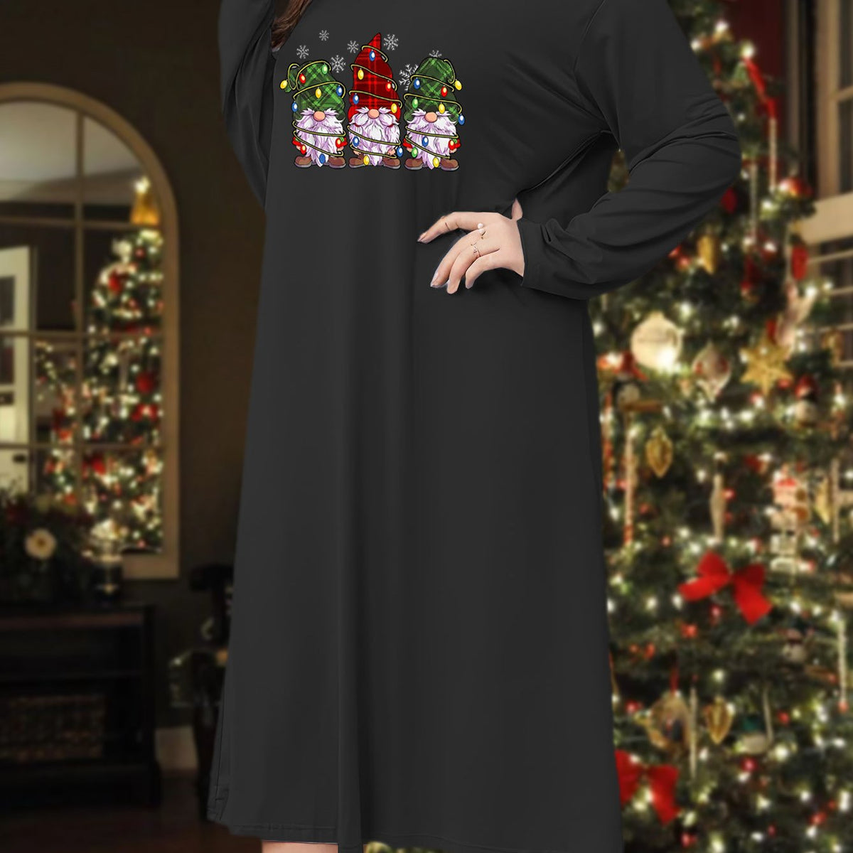  Gnomes & Snowflake Print Long Sleeve Lounge Dress
