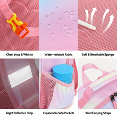 Kids Rainbow Pink School Backpack with Chest Strap and Whistle