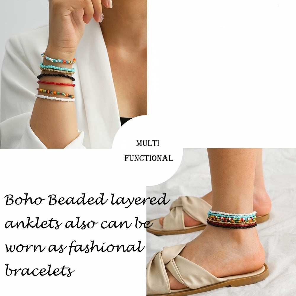 Boho Beaded African Anklets Multicolor Stretch Seed Beads 