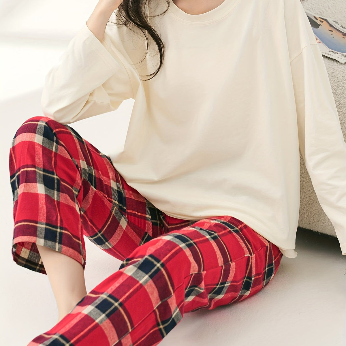 Soft Pajama Set Long Sleeve Top & Plaid Pants Women's Sleepwear