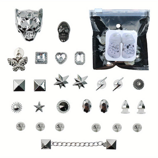 27pcs Punk Rhinestones & Skull Shoe Charms For Clogs Garden Shoes DIY
