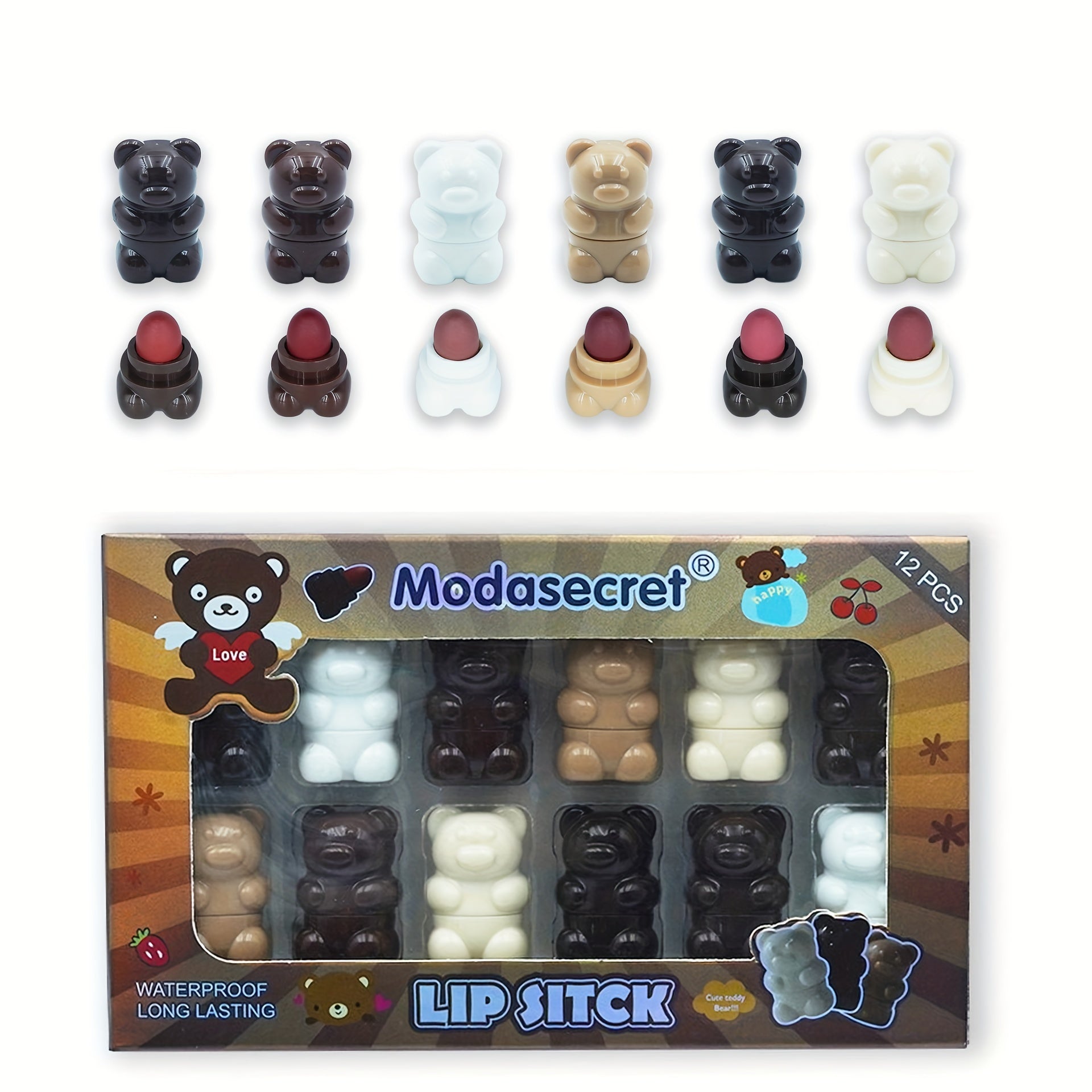 12 Pcs Bear Lipstick Set Long Lasting Waterproof Lip Tint for Women Girls