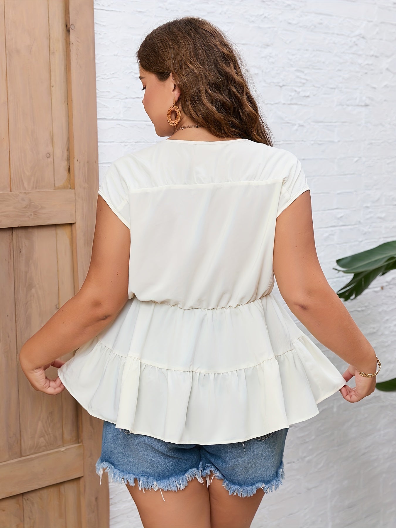  Solid Batwing Sleeve V Neck Tie Front Smock Peplum Shirt Top