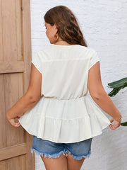  Solid Batwing Sleeve V Neck Tie Front Smock Peplum Shirt Top
