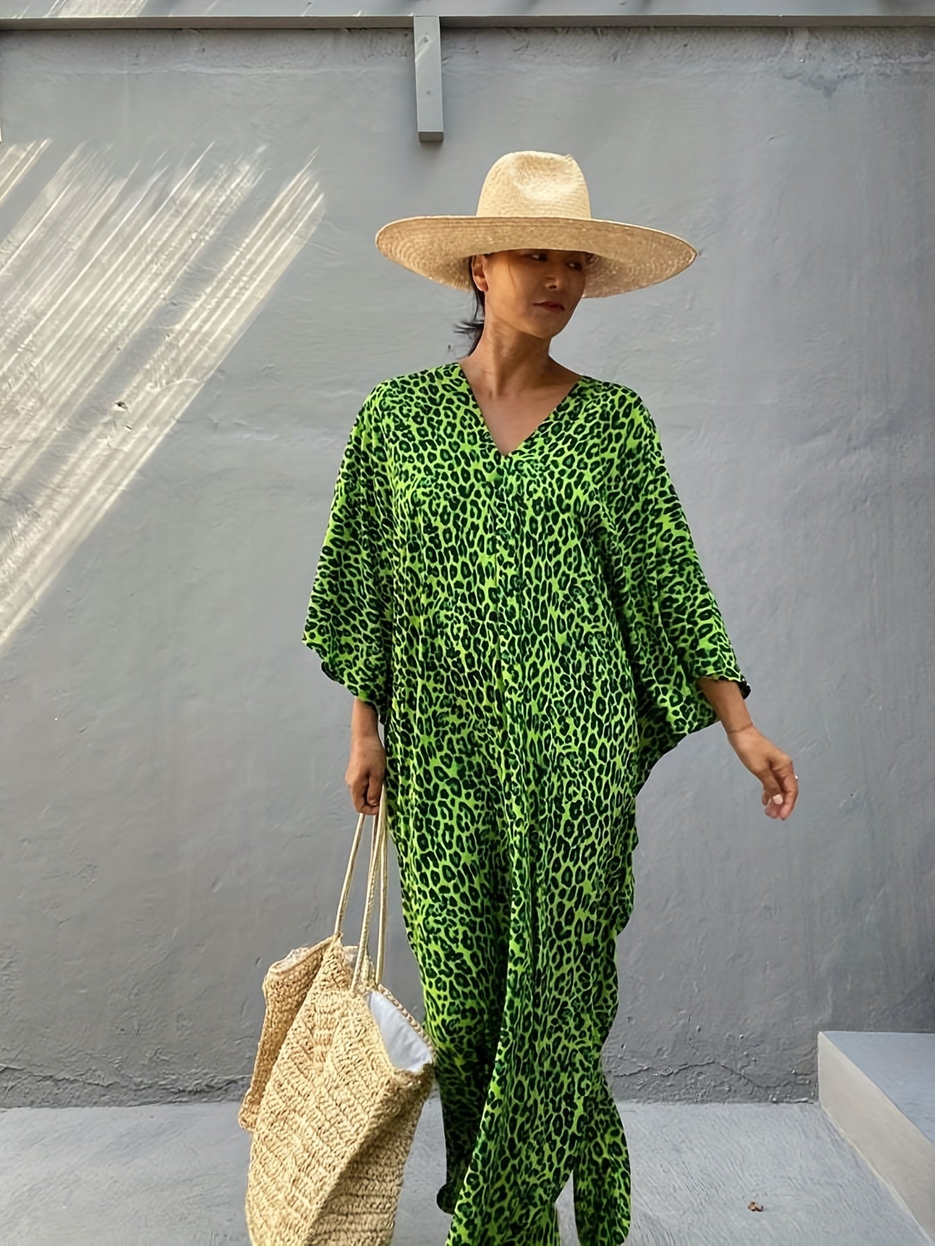  Leopard Print Bat Sleeve Beach Cover Up Dress