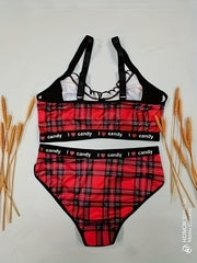  Sexy Lingerie Set Plaid Print Ruched Bra & Panty Christmas Two Piece