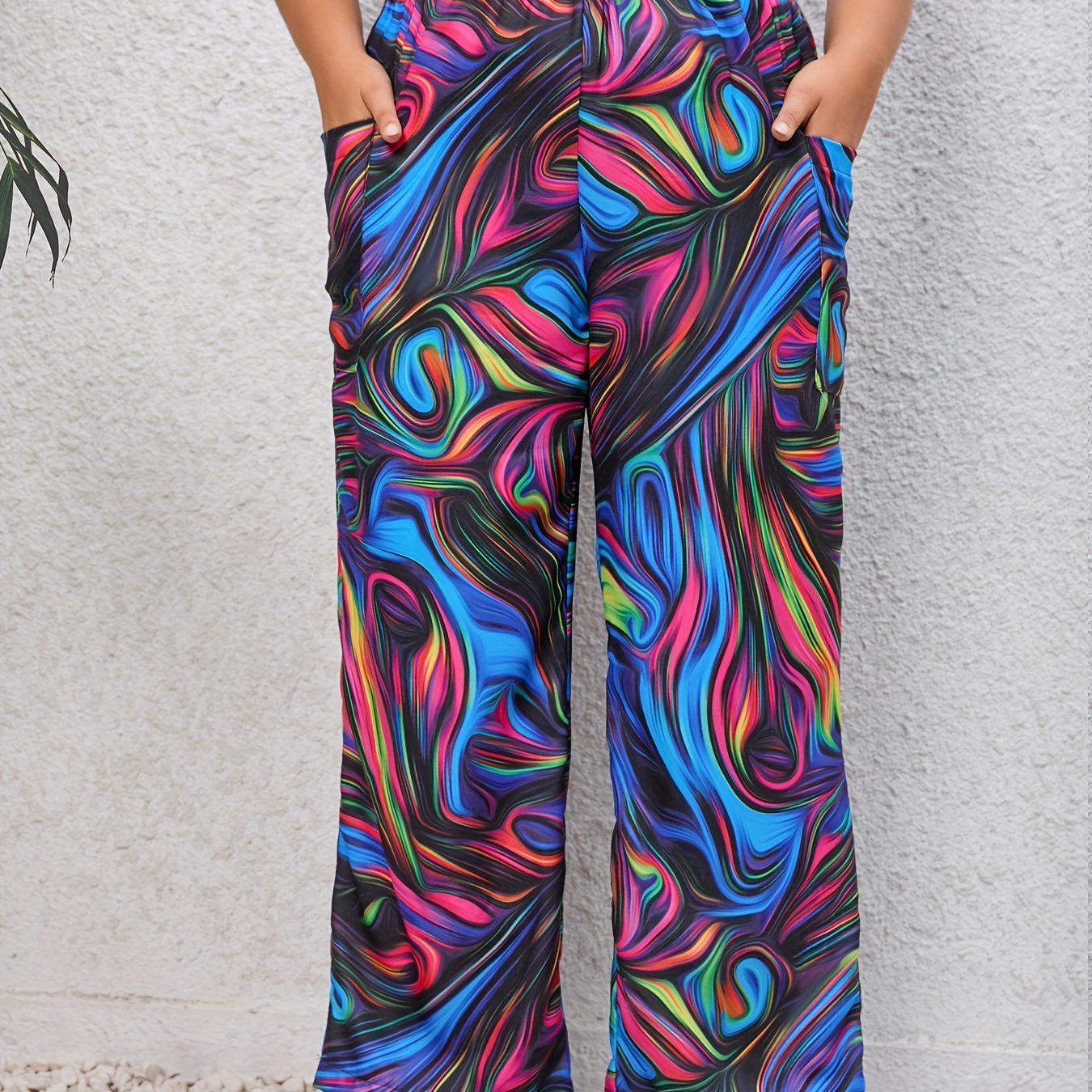 Women's Plus Elastic Wide Leg Trousers With Pockets