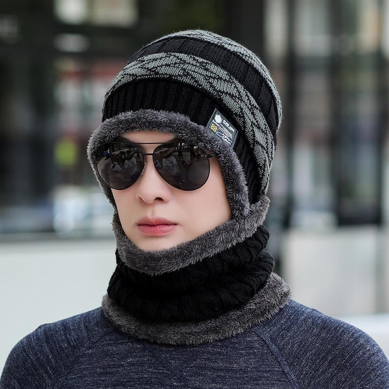 Winter Warm Elastic Soft Ear Protection Scarf Hat Gray Striped Pattern