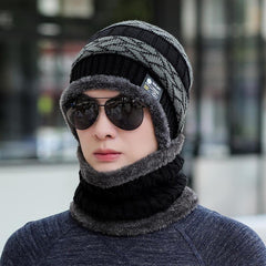 Winter Warm Elastic Soft Ear Protection Scarf Hat Gray Striped Pattern