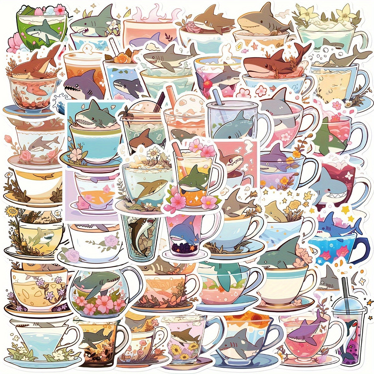 50pcs Cartoon Shark Cup Graffiti Stickers Waterproof
