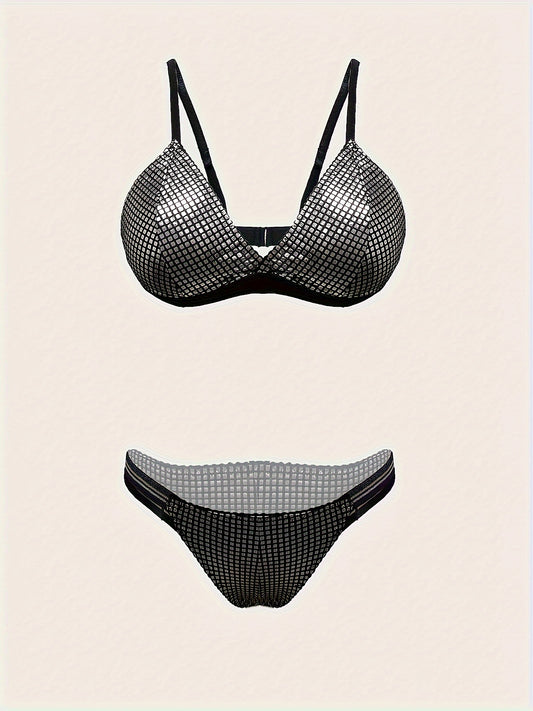  Metallic Grid V Neck Bra & Glitter Panty Set