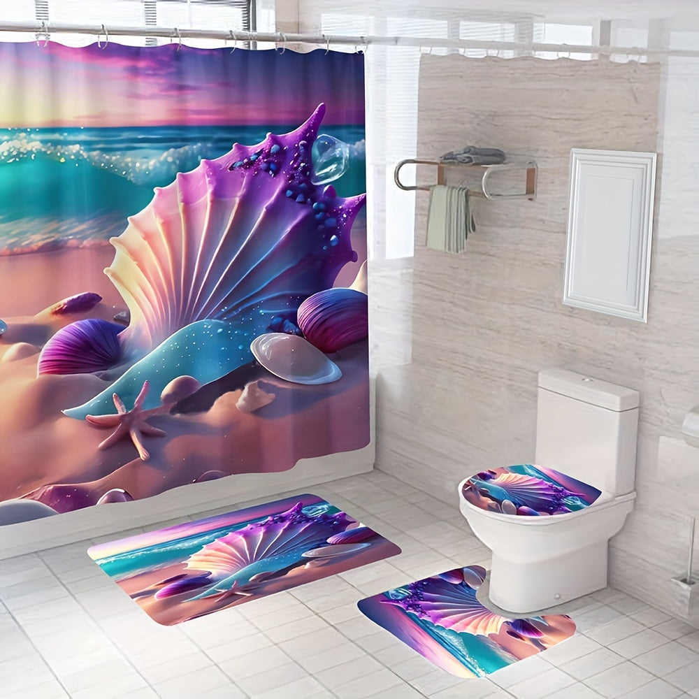 4PCS Seaside Beach Shell Decoration Shower Curtain Set