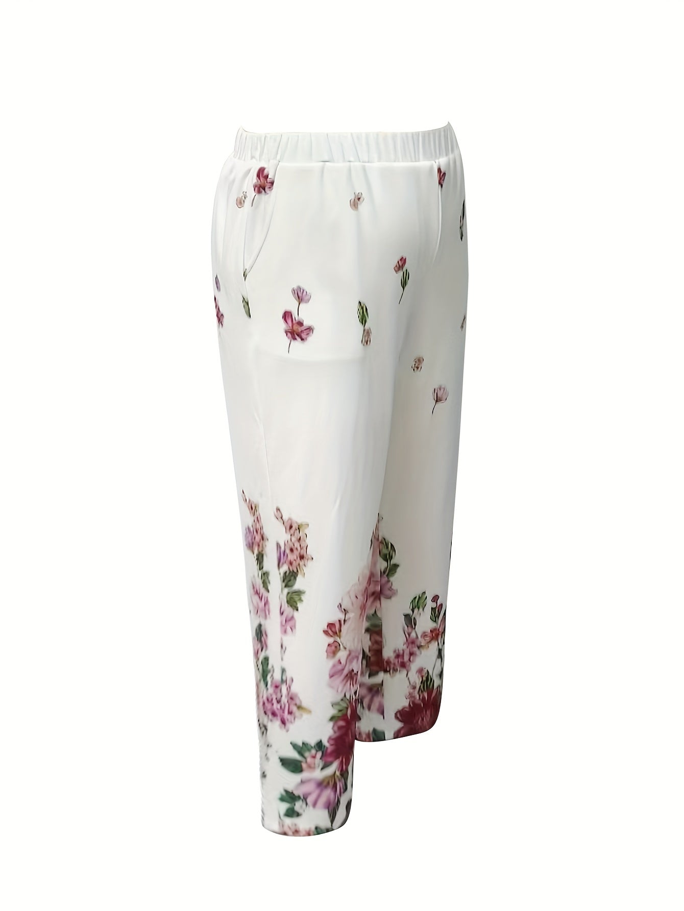 Floral Print High Rise Stretch Straight Leg Pants with Pockets