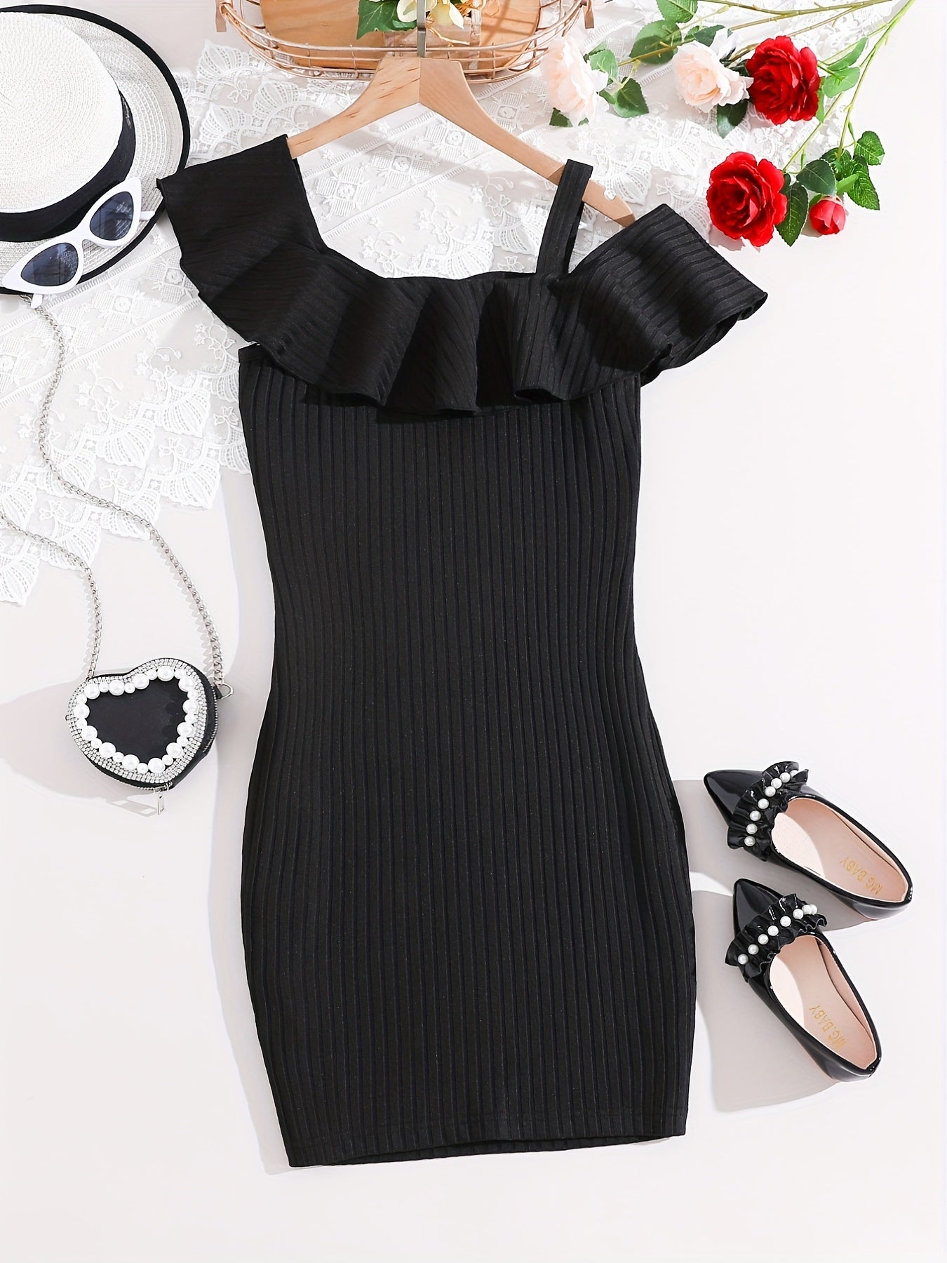 Girls One Shoulder Ruffle Collar Sleeveless Dress