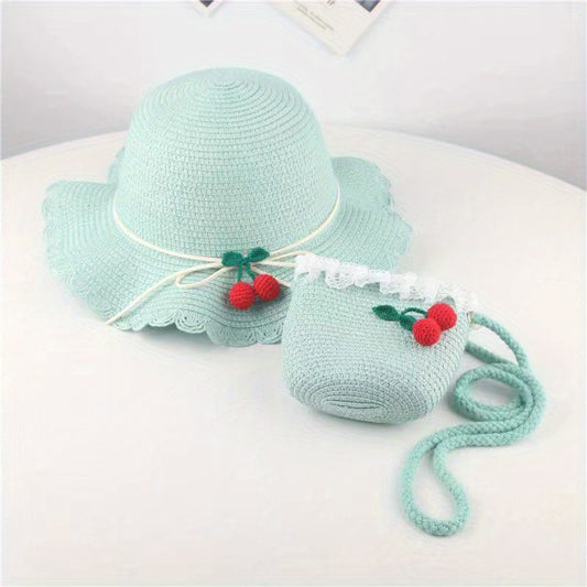 Girls Cherry Straw Sun Hat And Bag Set Lace Trim For Summer Kids