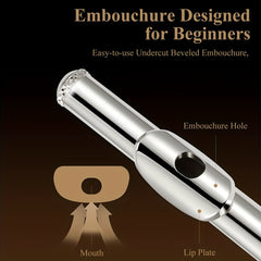 Silvery Plated Flute In C Key 16 Keys Closed Hole E Key Professional Beginner