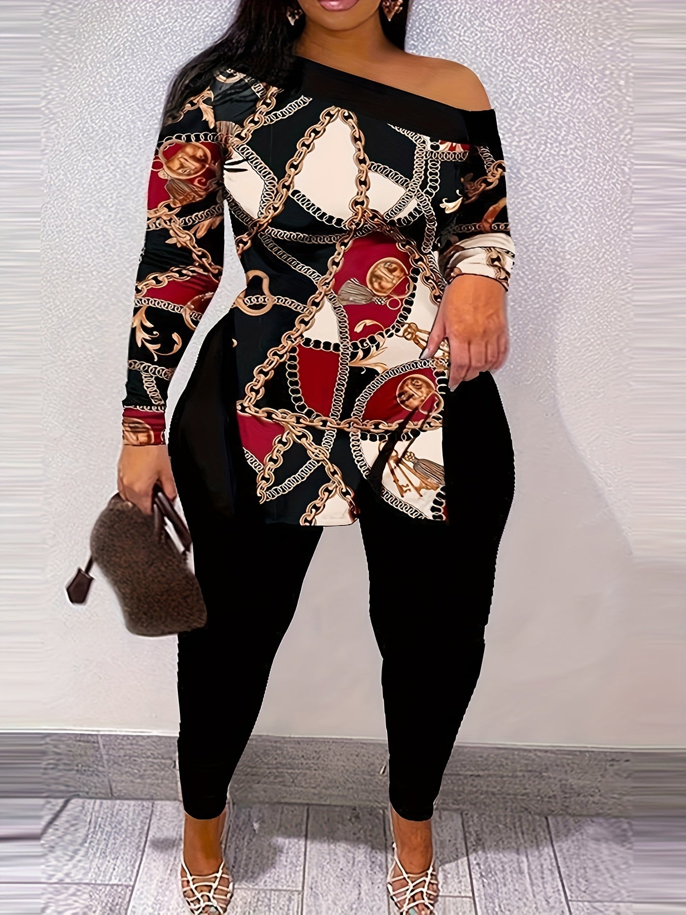  Chain Print One Shoulder Top & Leggings Set
